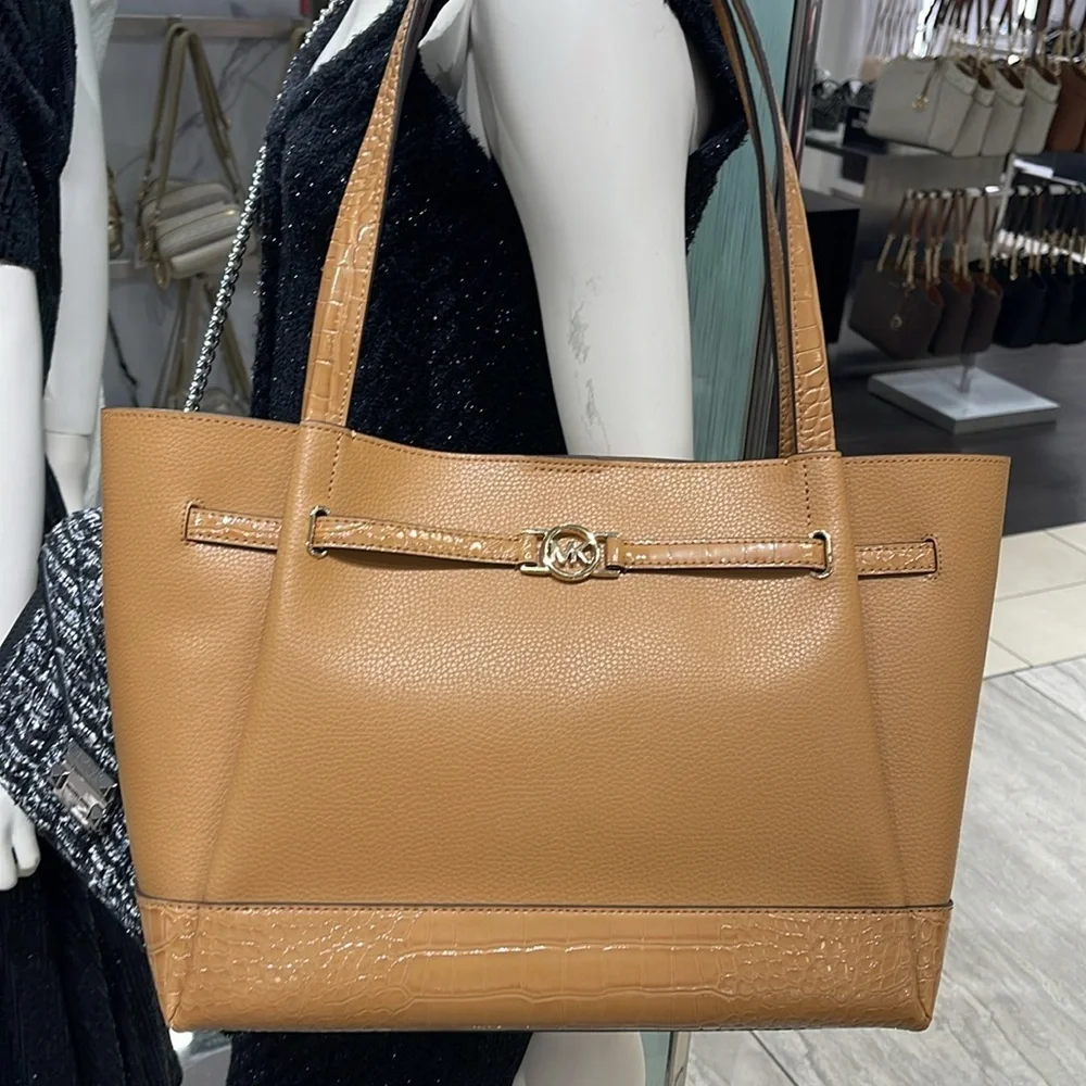 MICHAEL KORS Reed Large Leather Belted Satchel Shoulder Tote Handbag  Deer NWT